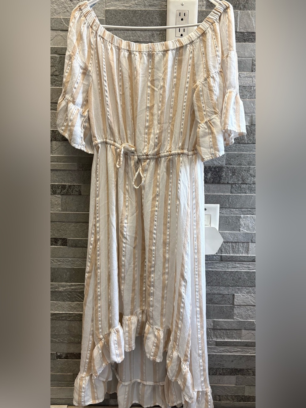 blue island Cream and Tan Striped Off-Shoulder Dress